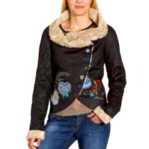 Desigual Black Coat with Cream Fur Trim and Multicolor Embroidery